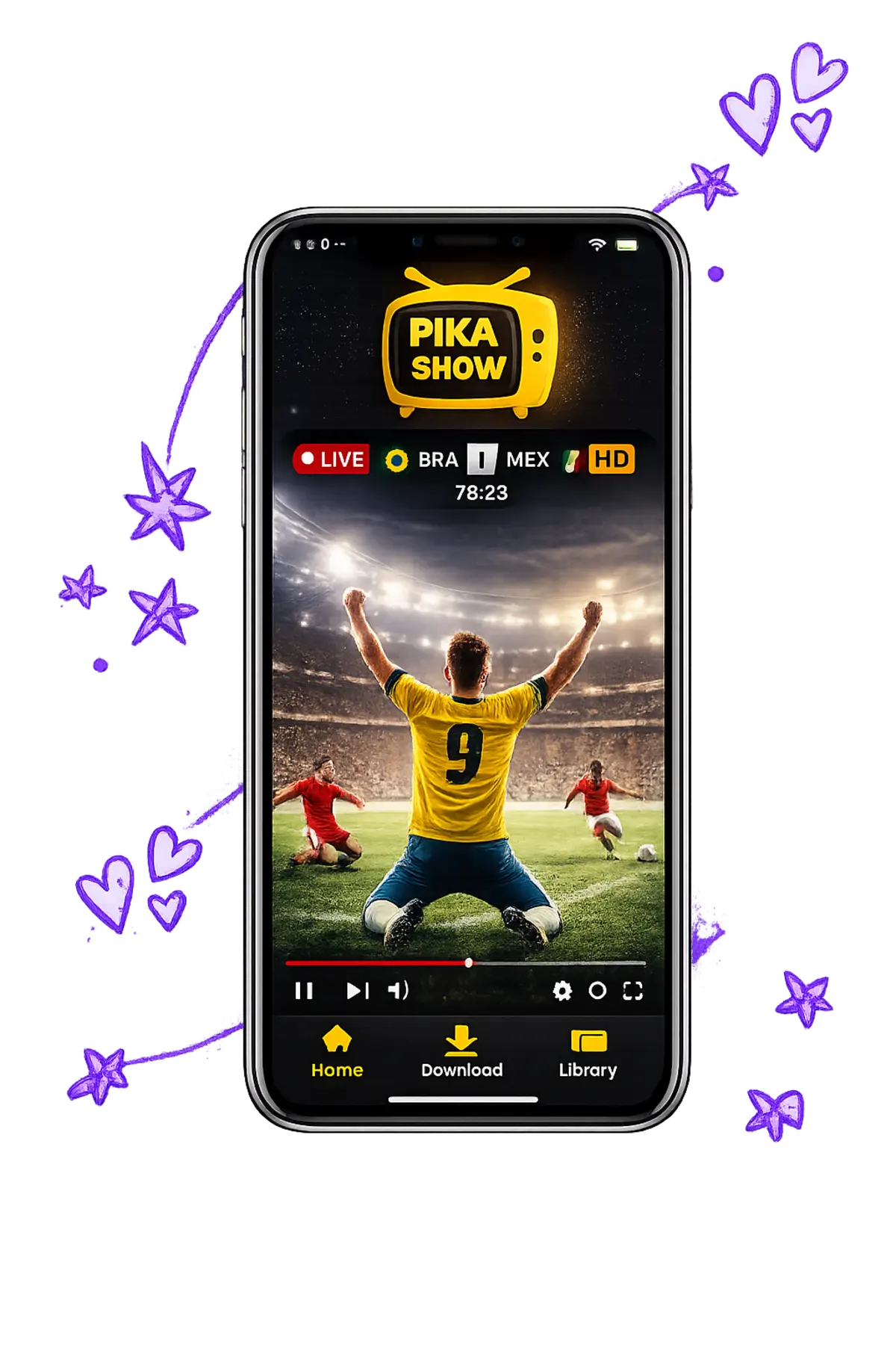 PikaShow mobile interface displaying an HD live football match with a modern smartphone mockup on a transparent background
