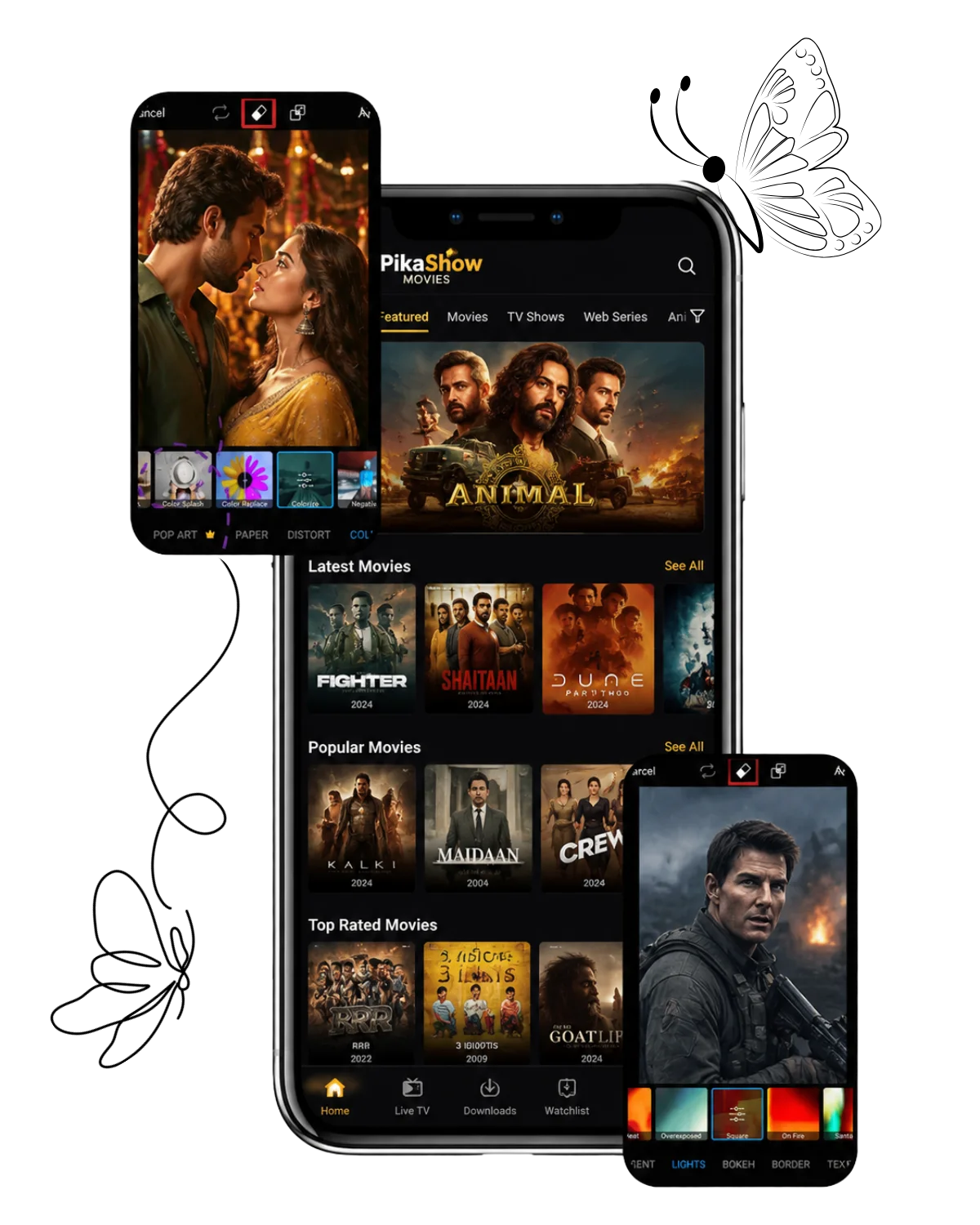 pikashow apk download image showing watch free movies, live tv, and entertainment with Bollywood, Hollywood, and movie library screens on transparent background