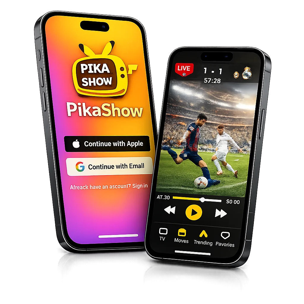 PikaShow APK interface showing dual smartphone screens with HD movie streaming, live movie playback, and entertainment features