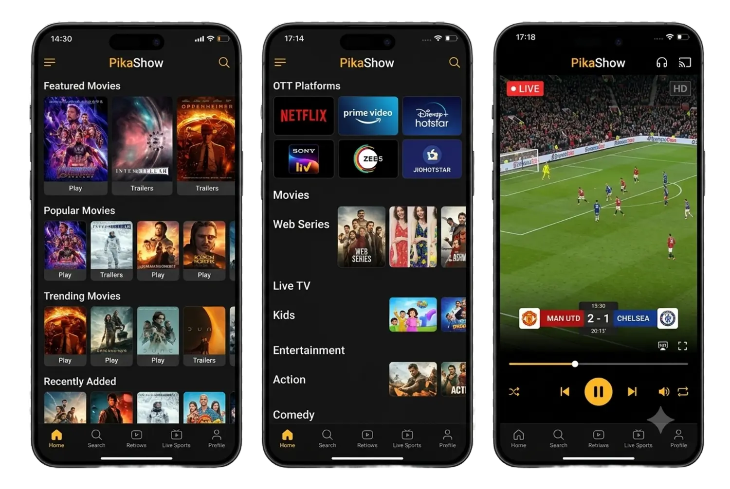 Three smartphones displaying PikaShow streaming UI, OTT library, and live football on a transparent background