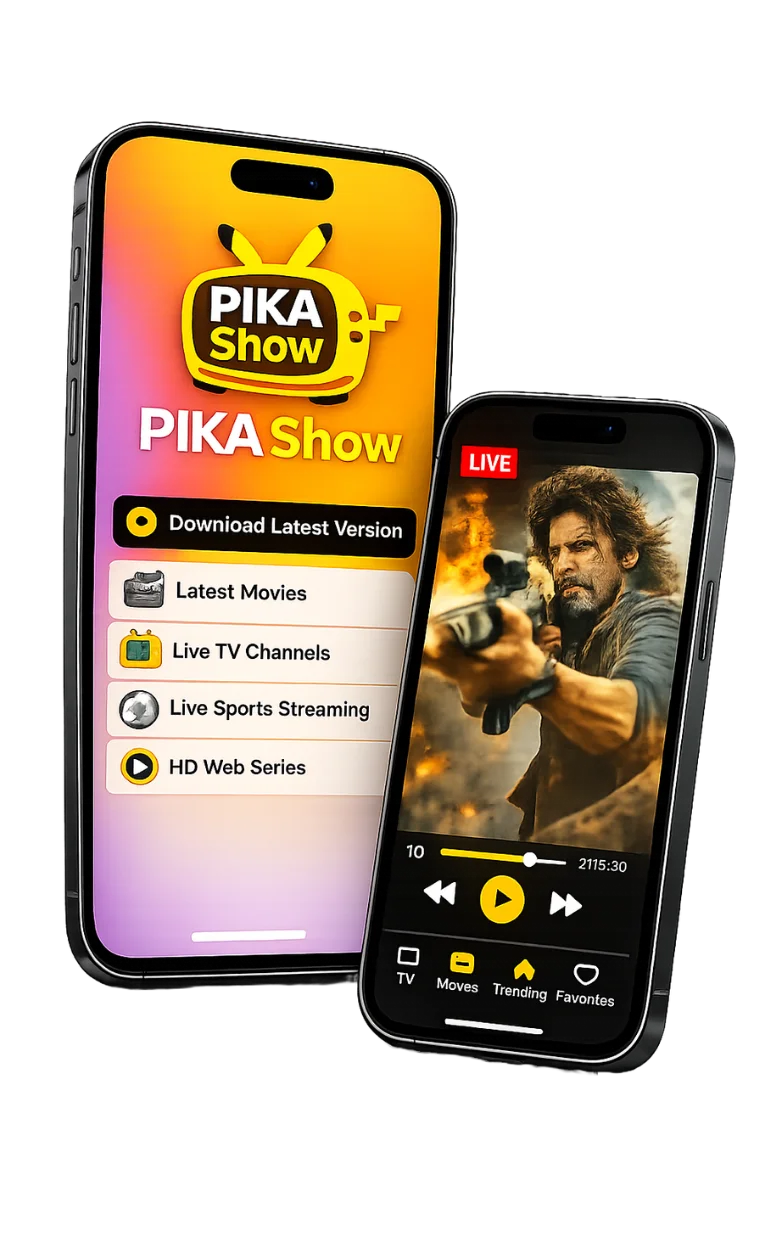 Minimal smartphone mockup displaying PikaShow streaming app interface in black and yellow theme, clean design with no shadow and simple layout on transparent background