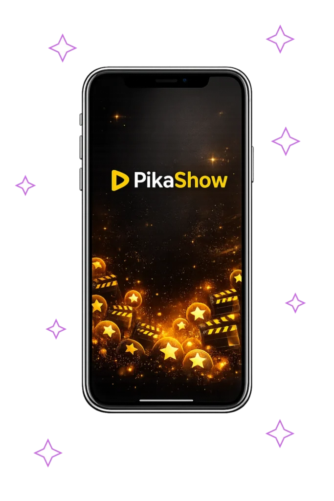 Minimal smartphone mockup displaying PikaShow streaming app interface in black and yellow theme, clean design with no shadow and simple layout on transparent background